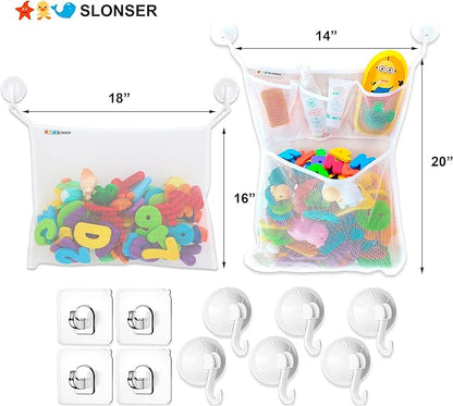 Bath Toy Storage Organizer for Bathtub – Large Mesh Bath Toy Holder & Bath Toy Net, Quick-Dry Hanging Bathroom Bag with 6 Strong Suction Cups, 4 Adhesive Hooks, Toy Holder for Tub & Shower, 2 Pack