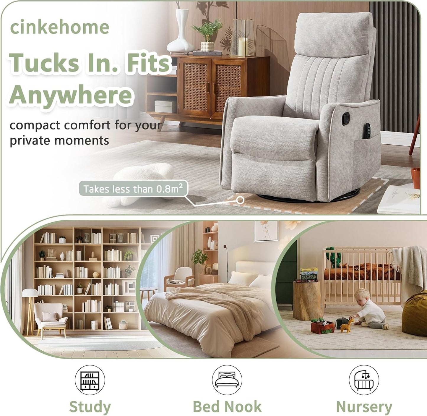 cinkehome Swivel Rocker Recliner, Glider Rocker Recliner Chair for Nursery, Manual Reclining Chair with Heated Massage, Small Spaces, Living Room, Khaki Chenille