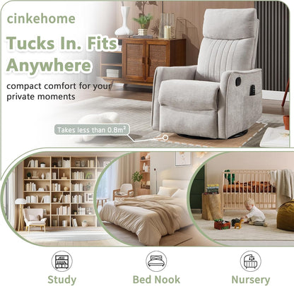 cinkehome Swivel Rocker Recliner, Glider Rocker Recliner Chair for Nursery, Manual Reclining Chair with Heated Massage, Small Spaces, Living Room, Khaki Chenille