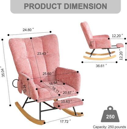 Rocking Chair Nursery with Airbag, Comfy Modern Nursery Rocking Reading Chair indoor with Footrest, Cozy Upholstered Glider Rocker Chairs for Living Room Bedroom Offices(Chenille, Dark Grey)