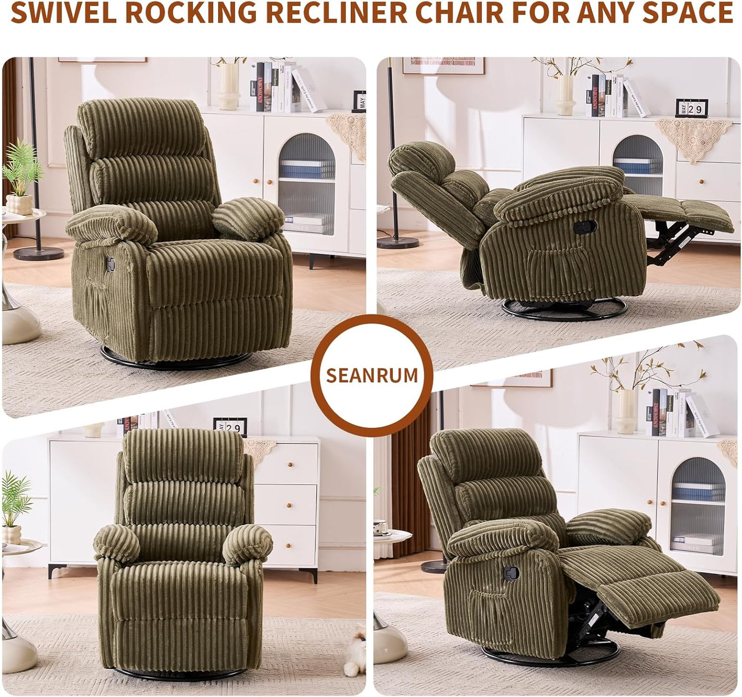 Adult 360° Rocking Recliner Chair，Nursery Rocker Reclining Chair with Side Pocket, a Comfy upholstered Single Sofa Armchair. Suitable for Living Room, Bedroom Nursing use, Velvet Fabric in Beige