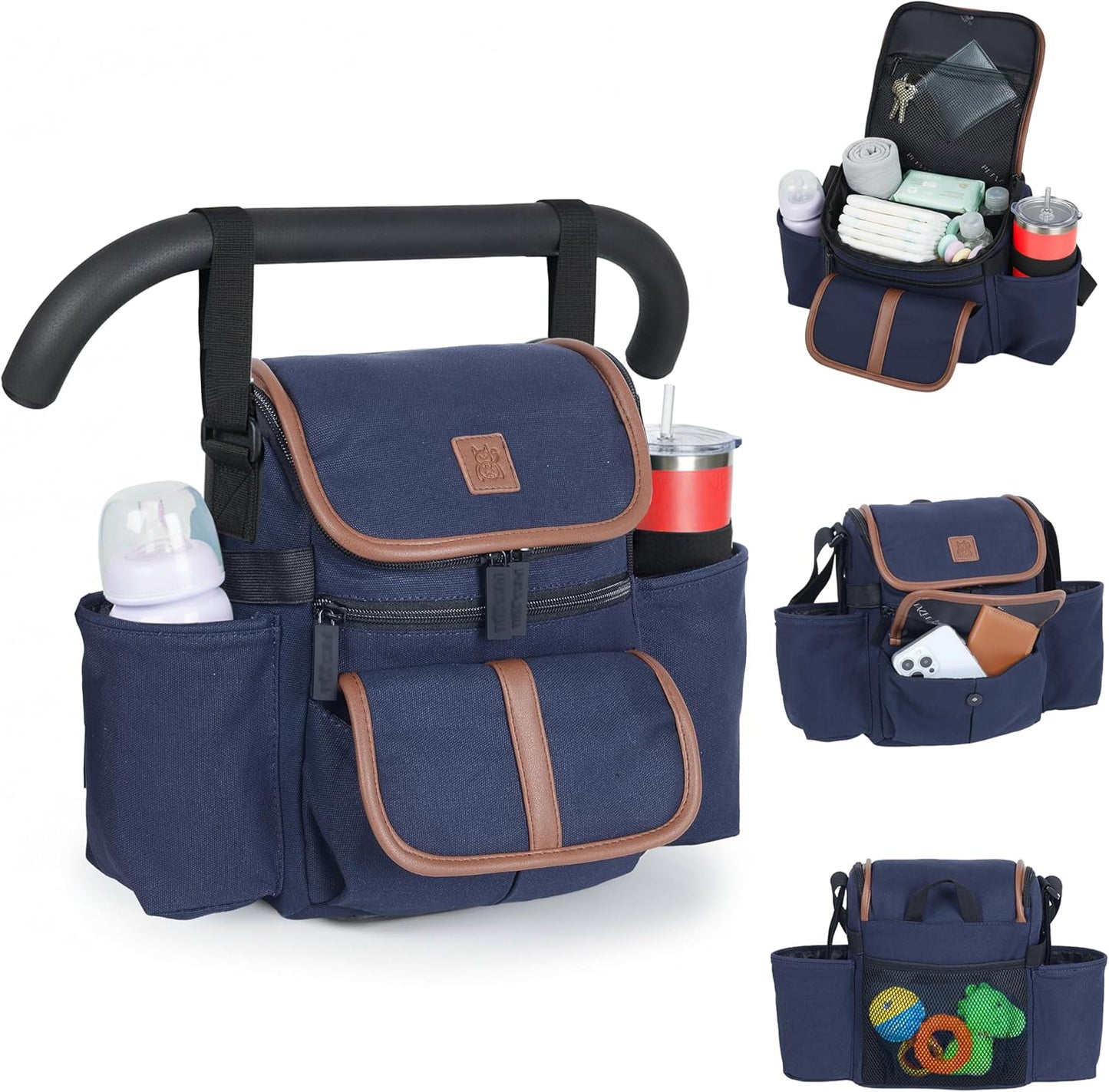 NT·hut Baby Stroller Organizer, Stroller Caddy Bag with 2 Wide Cup Holders & Bottle Straps, Universal Strap Fit, Fits 11" Tablet, Magnetic Pocket, Zipper & Mesh Pockets, Water Resistant 600D (Black)