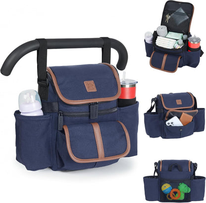 NT·hut Baby Stroller Organizer, Stroller Caddy Bag with 2 Wide Cup Holders & Bottle Straps, Universal Strap Fit, Fits 11" Tablet, Magnetic Pocket, Zipper & Mesh Pockets, Water Resistant 600D (Black)