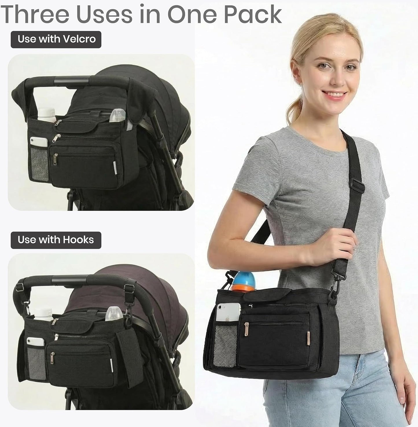 Universal Stroller Organizer, Grey - 2 Insulated Cup Holders - Non-Slip Stroller Caddy Bag - Detachable Phone Pouch - Fits Uppababy, Nuna - New Mom Essentials