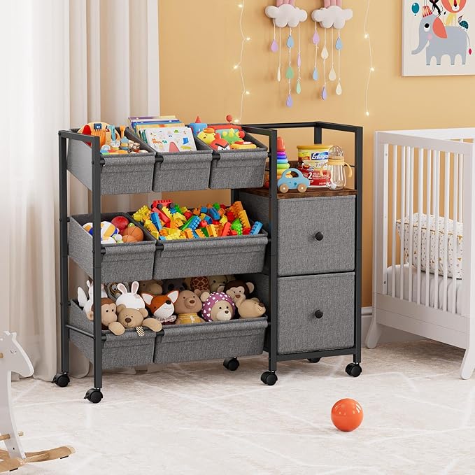 Modanais Kids Toy Organizers and Storage Bins - 7 Storage Bins + 2 Fabric Drawers + 1 Bookshelf, Playroom Storage, Mobile Cart Organizer for Toy, Clothes, Blankets and Books - Black