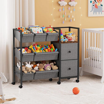 Modanais Kids Toy Organizers and Storage Bins - 7 Storage Bins + 2 Fabric Drawers + 1 Bookshelf, Playroom Storage, Mobile Cart Organizer for Toy, Clothes, Blankets and Books - Black