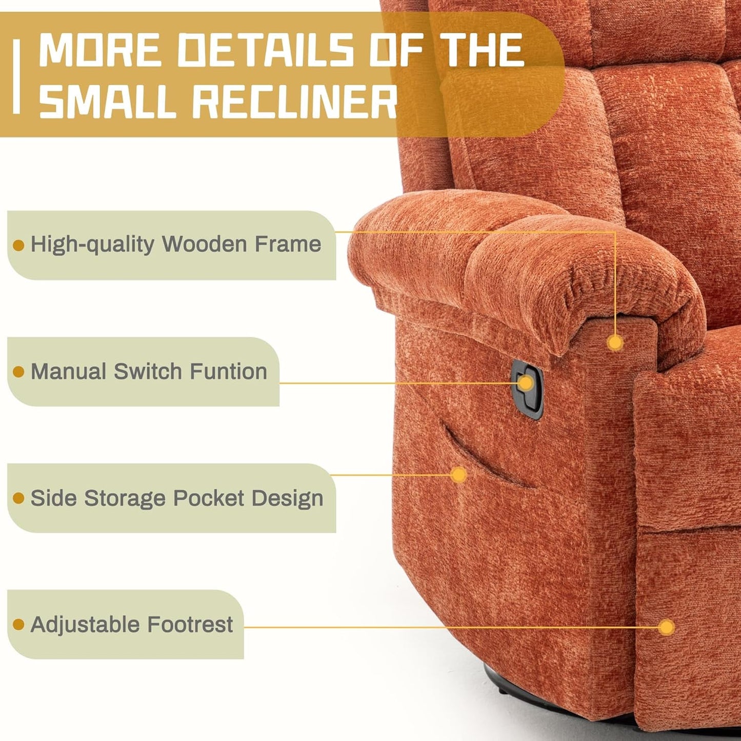 Korser Recliner Chair, Swivel Rocker Recliner Chair for Adults, Small Recliners for Small Spaces, Upholstered Manual Recliner with Side Pockets, Nursery Rocking Chair for Living Room, Chenille, Beige