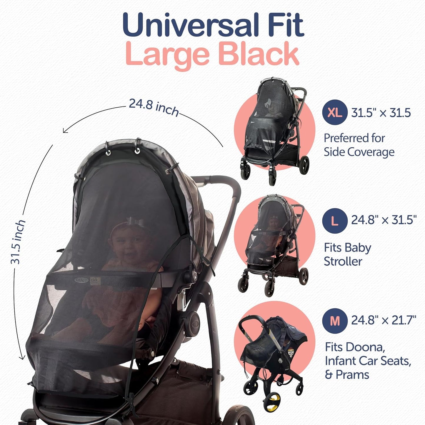 Stroller Sun Shade Extender – Universal Clip-On Baby Stroller Sun Shade Cover, UV Protection, Breathable See-Through Mesh, Adjustable Fit, Large Black