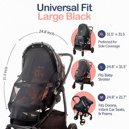 Stroller Sun Shade Extender – Universal Clip-On Baby Stroller Sun Shade Cover, UV Protection, Breathable See-Through Mesh, Adjustable Fit, Large Black