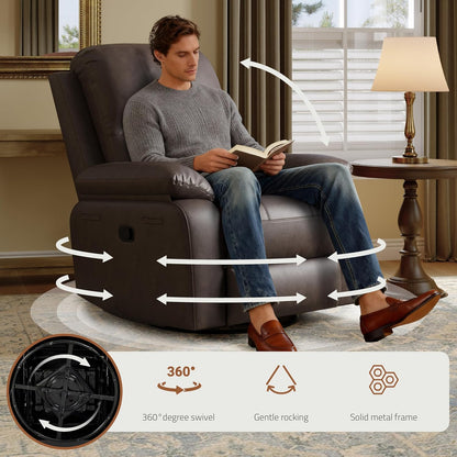 Leather Swivel Rocker Recliner Chair, Traditional Manual Chair, Upholstered Nursery Glider Rocking Recliner, Comfy Faux Leather Single Sofa with Pocket Spring for Living Room, Camel