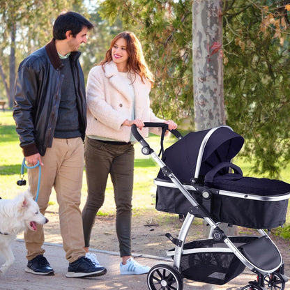 Baby Stroller, 2-in-1 Reversible Toddler Seat with Lie-Flat Mode, Foldable Infant Stroller with Canopy, One Button Brake, Adjustable Handle, Newborn Pushchair (Black B)