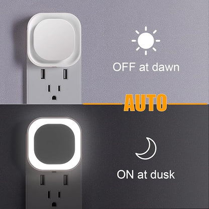 YUNLEX 2 Pack Daylight White Night Light, Gentle Eye-Care with Dimmable Wide-Glow & Indirect Reflection, Auto Dusk to Dawn Sensor, Plug in for Kitchen Counter, Garage Workshop, Laundry, Hallway