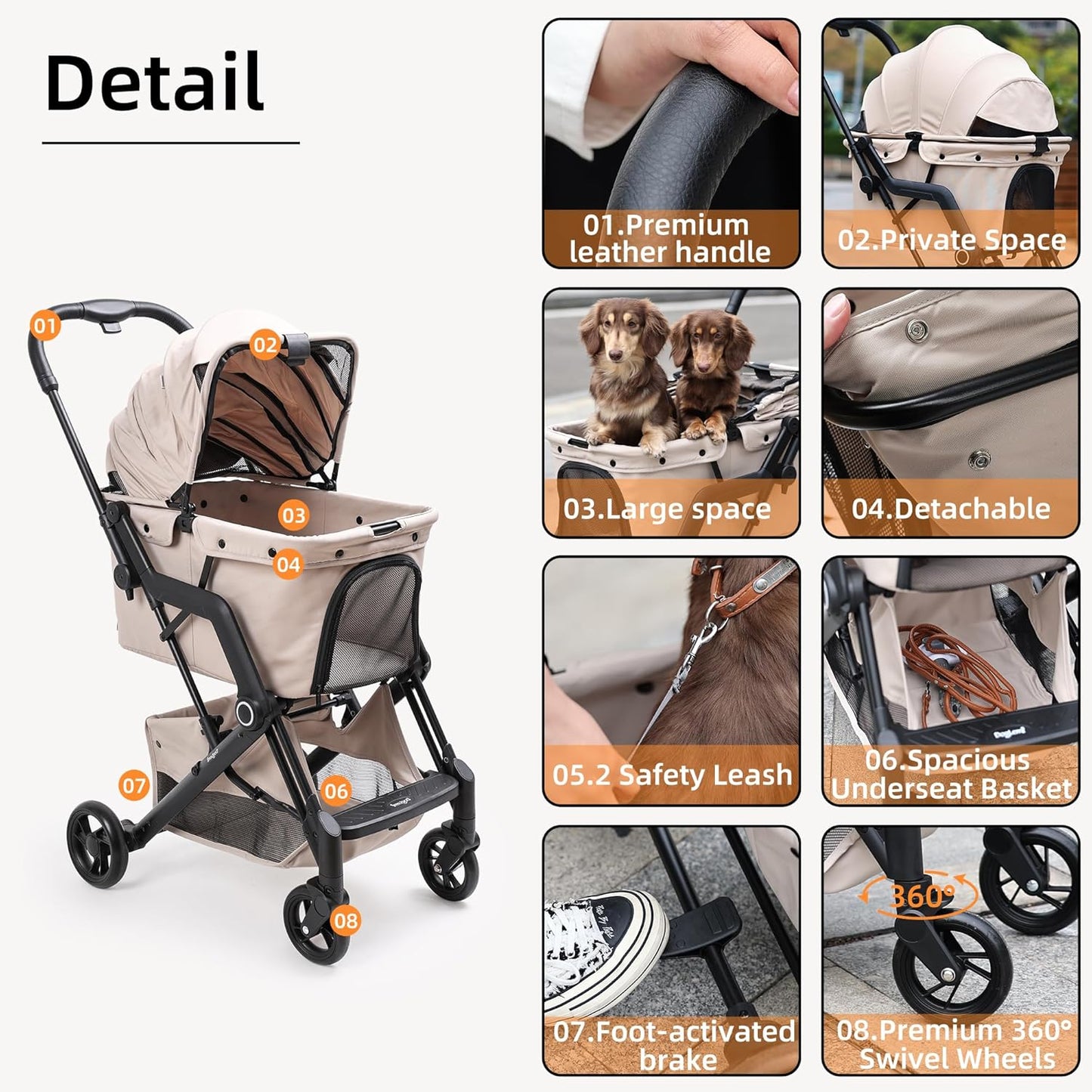 Upgraded Small/Medium Pet Stroller - Dogs & Cats up to 66 lbs, Folds for Storage and Features a Safety Foot Brake, 3-in-1 Foldable Portable Travel Carrier for 2 Small to Medium Pets (Black)