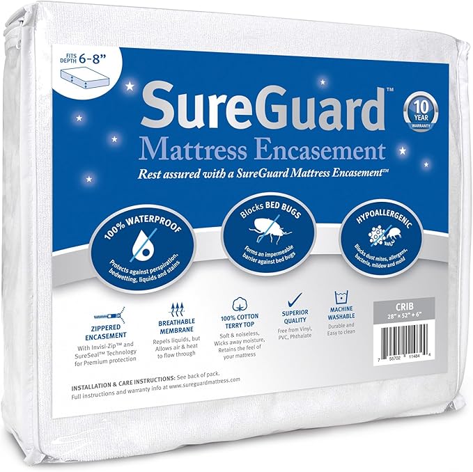 Crib Size SureGuard Mattress Encasement - 100% Waterproof, Bed Bug Proof, Hypoallergenic - Premium Zippered Six-Sided Cover