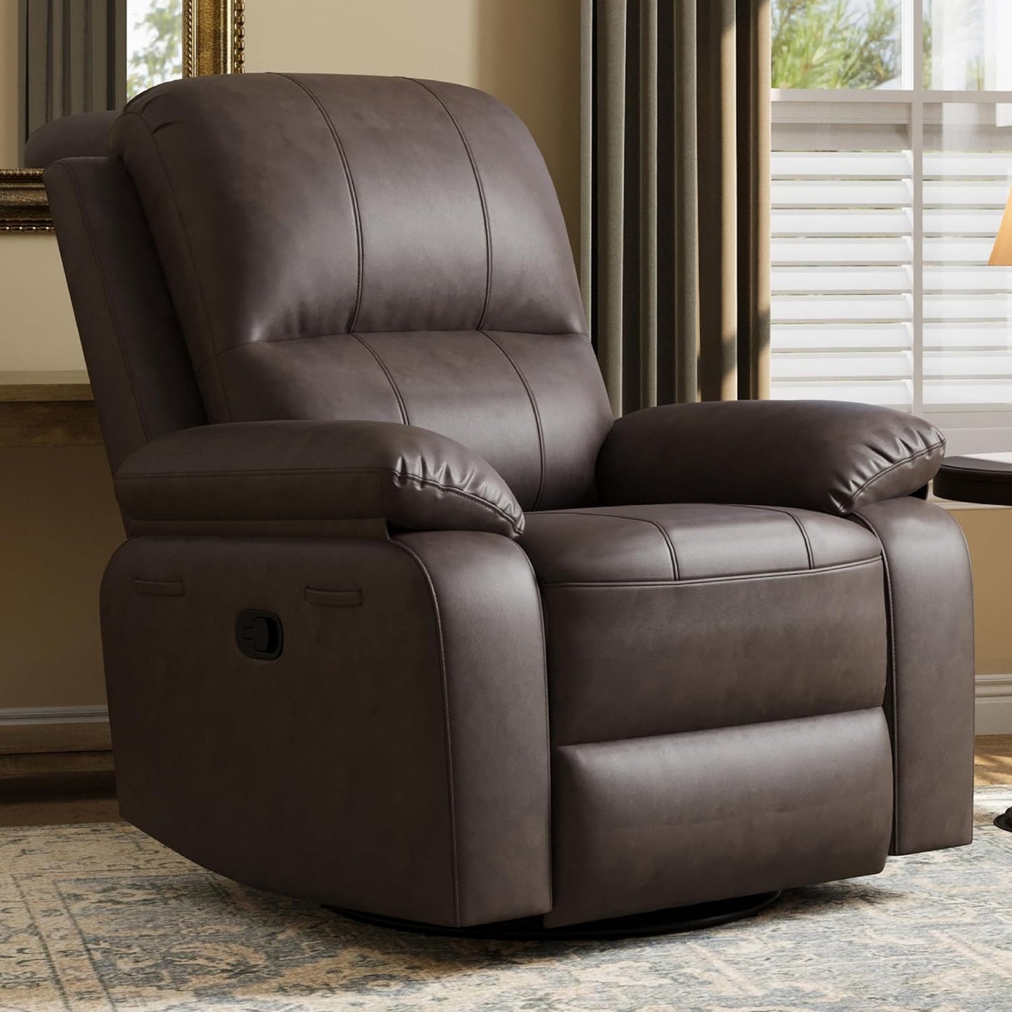 Leather Swivel Rocker Recliner Chair, Traditional Manual Chair, Upholstered Nursery Glider Rocking Recliner, Comfy Faux Leather Single Sofa with Pocket Spring for Living Room, Camel