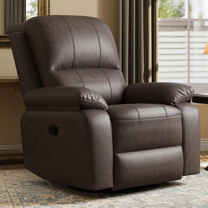 Leather Swivel Rocker Recliner Chair, Traditional Manual Chair, Upholstered Nursery Glider Rocking Recliner, Comfy Faux Leather Single Sofa with Pocket Spring for Living Room, Camel