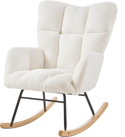 Glider Chair for Living Room & Nursery, Tufted Upholstered Teddy Rocking Chair with High Backrest & Stable Metal Frame, 300lbs Capacity, Comfy Rocker Glider for Adults & Kids, Office & Bedroom(Gray)