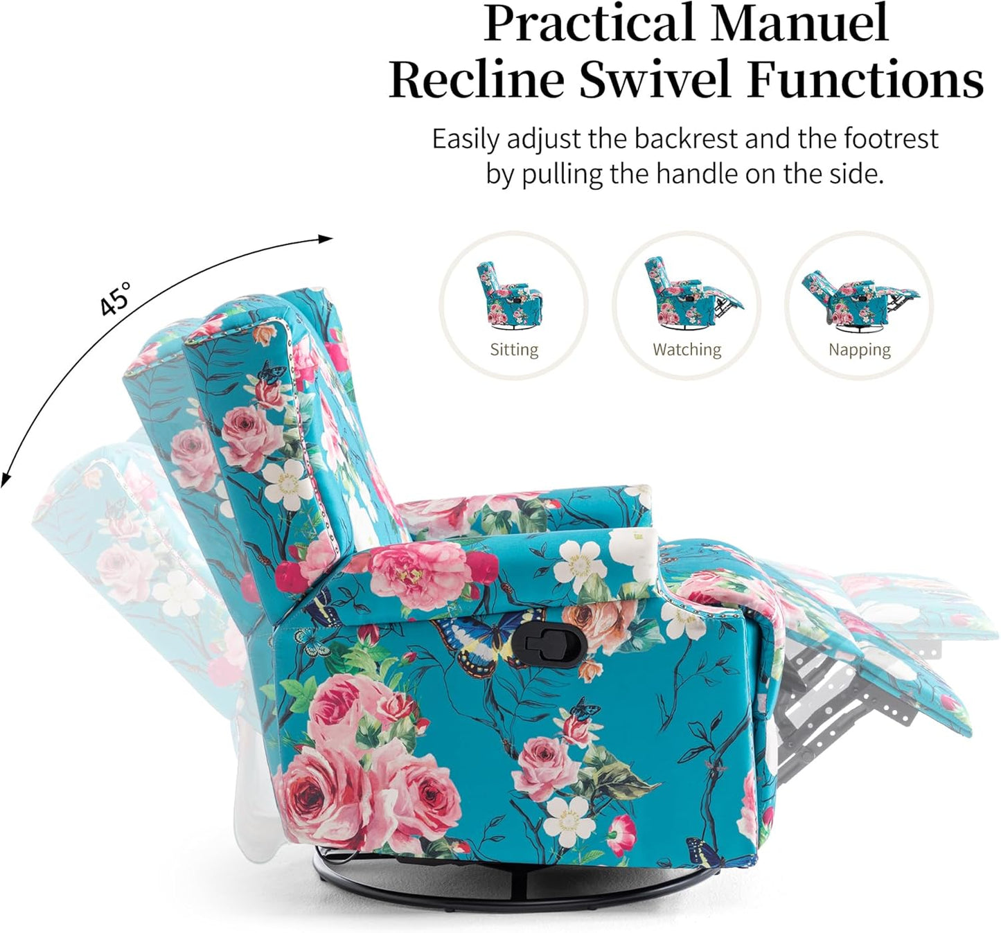 Swivel Rocker Recliner Chair, Manual Nursery Glider Recliner, Floral Fabric Wingback Accent Chair with Adjustable Backrest & Footrest for Small Spaces Living Room Bedroom (Plants Floral, Set of 1)