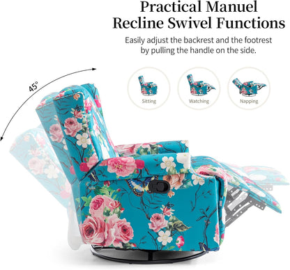 Swivel Rocker Recliner Chair, Manual Nursery Glider Recliner, Floral Fabric Wingback Accent Chair with Adjustable Backrest & Footrest for Small Spaces Living Room Bedroom (Plants Floral, Set of 1)