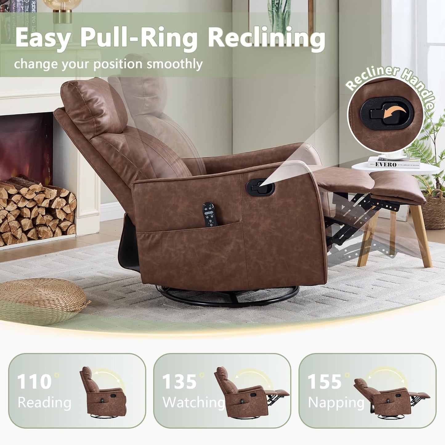 cinkehome Swivel Rocker Recliner, Glider Rocker Recliner Chair for Nursery, Manual Reclining Chair with Heated Massage, Small Spaces, Living Room, Khaki Chenille