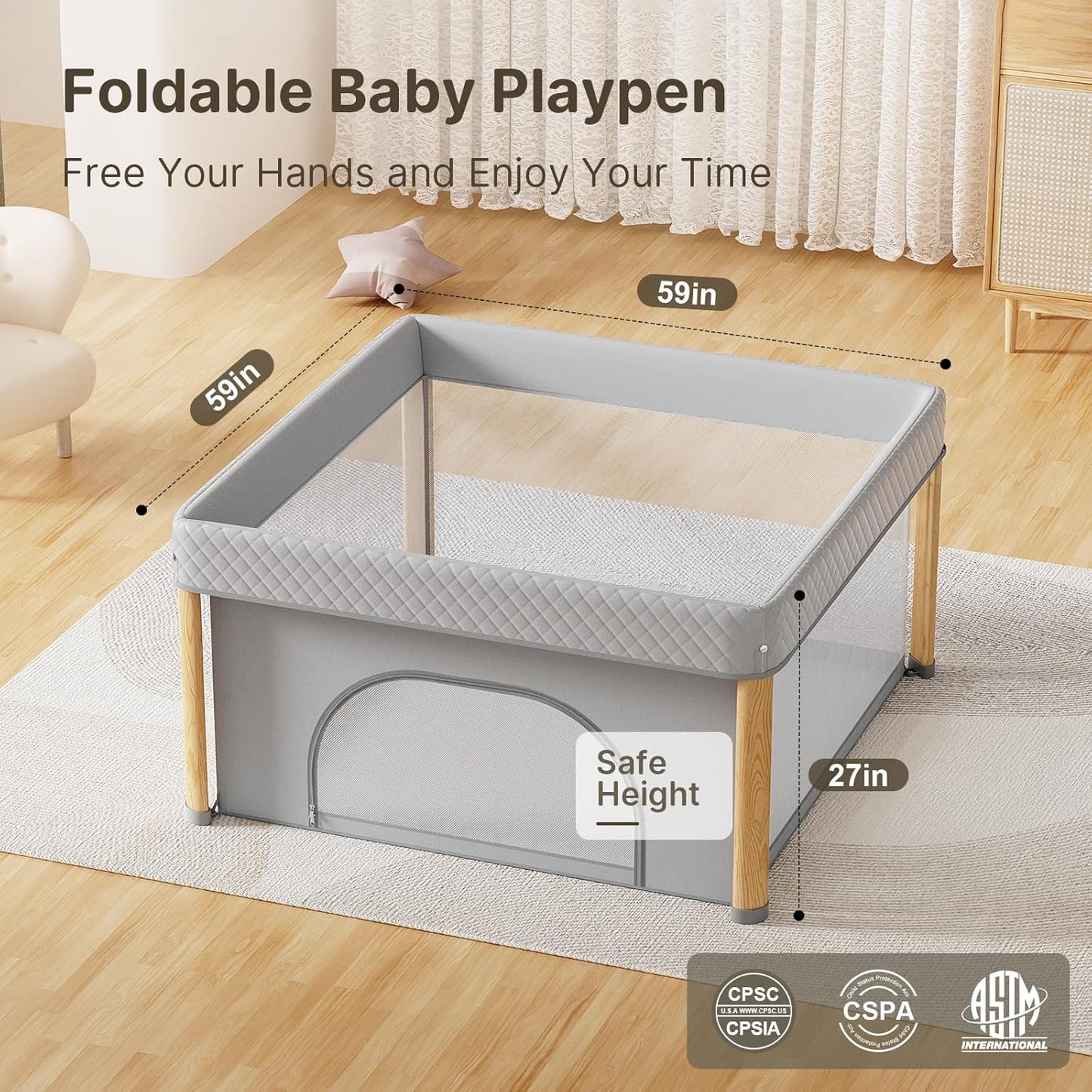 Foldable Baby Playpen, 51x51 Foldable Play Pen for Babies and Toddlers, Portable Playpen Indoor Outdoor, Kids Safety Area Travel Play Yard with Storage Bag Grey