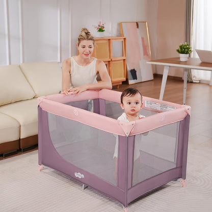 Pamo Babe Compact Pack and Play - Portable Crib for Baby, Lightweight Foldable Travel Playard with Mattress Pad & Carry Bag, Safe Breathable Travel Bed for Home, Trips & Family Visits, Black