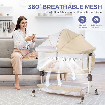 MOMFANN Baby Bassinet Bedside Sleeper, Upgraded Stability Bedside Crib with Full Mesh Sides, Soft Sheet, 6-Height Adjustment, Storage Basket, Easy Folding Portable Bassinet for Newborns, Gray