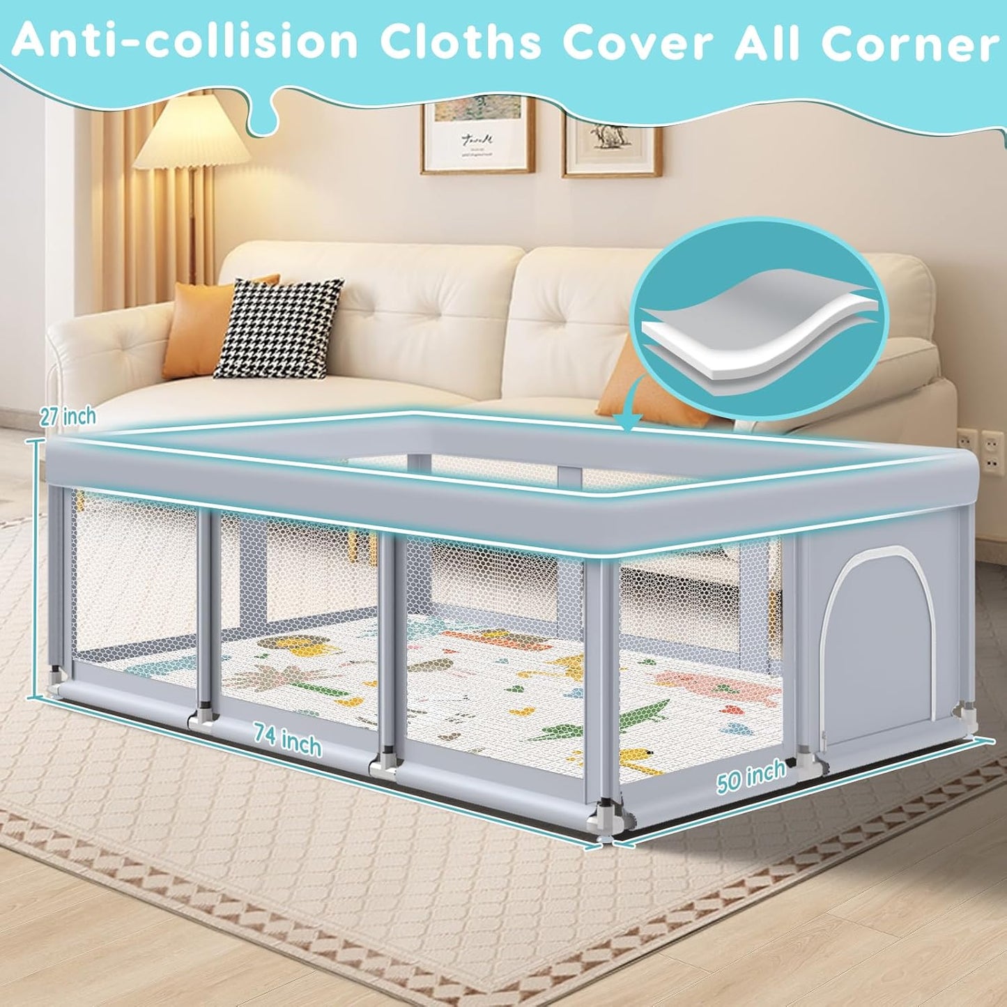 Fshibila 74" ×50" Large Baby Playpen, Baby Playard for Babies and Toddlers, Baby Fence Play Pens for Indoor & Outdoor, Sturdy Safety Play Yard with Soft Breathable Mesh, Anti-Fall, Grey