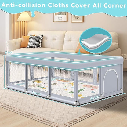Fshibila 74" ×50" Large Baby Playpen, Baby Playard for Babies and Toddlers, Play Pens for Indoor & Outdoor, Sturdy Safety Play Yard with Soft Breathable Mesh, Anti-Fall, Grey (with MAT)