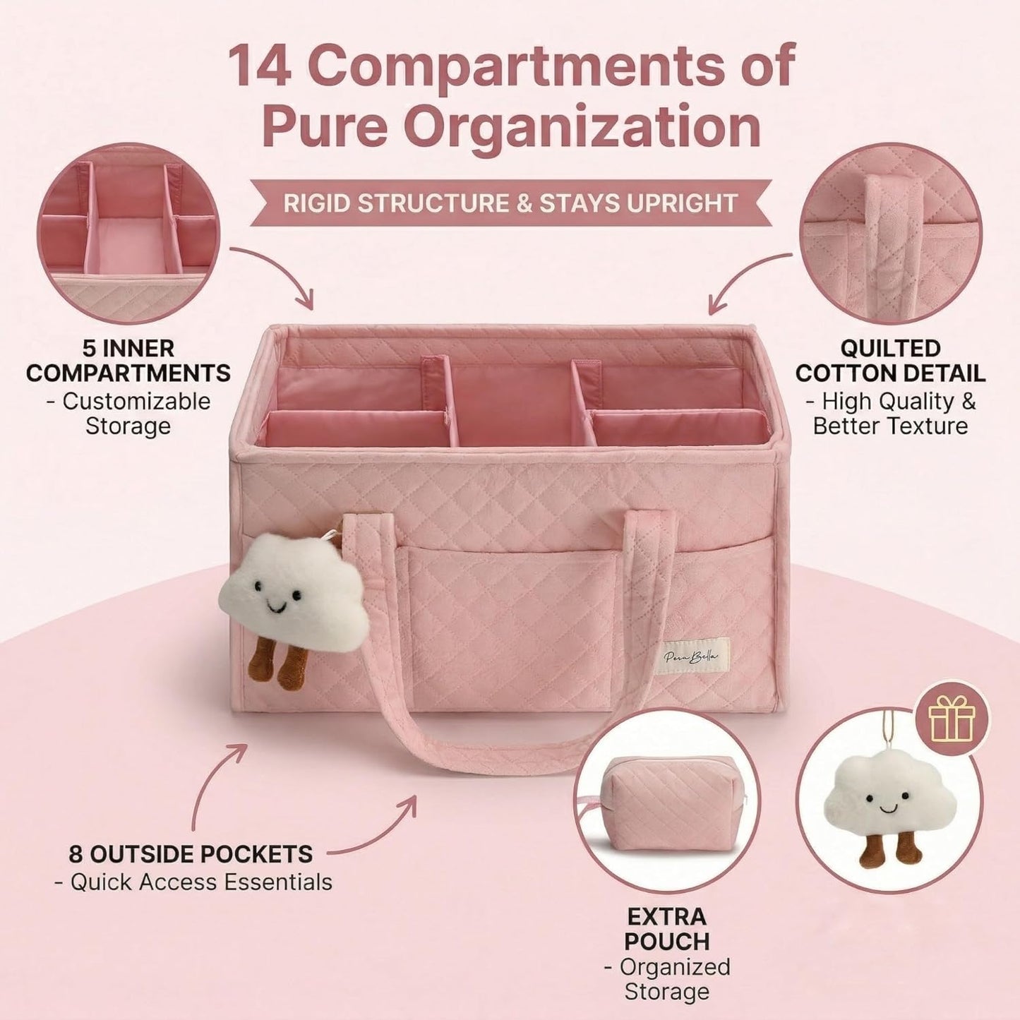 PeraBella Baby Diaper Caddy Organizer, Baby Basket Shower Gift, Portable Changing Table Basket, Postpartum Caddy & Tote Bag Pouch, Newborn Boy & Girl Nursery Essentials Registry, Car Diaper Organizer