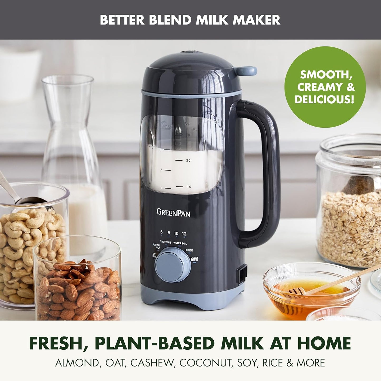 GreenPan 30oz Nut Milk Maker Machine, 15-in-1 for Homemade Almond, Oat, Soy, Coconut, Plant-Based Non-Dairy Beverages, Soups, BPA-Free Glass, Automatic Self-Clean, Delay Start, Pink