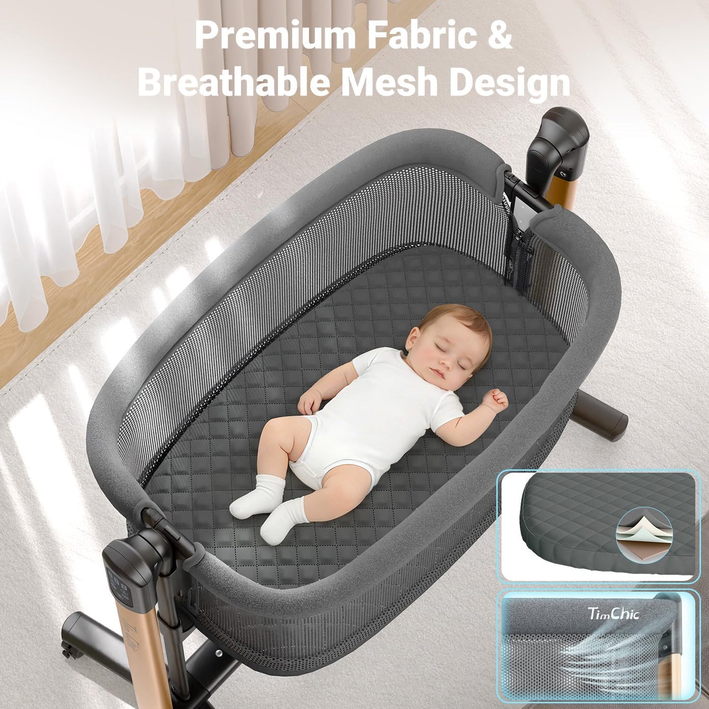 Electric Baby Bassinet, 7 Height Adjustable Rocking Bassinet for Baby, Auto Infant Sleeper with Timer, 12 Lullabies, Wheels, Smart Rocking Crib for Newborns, Beige