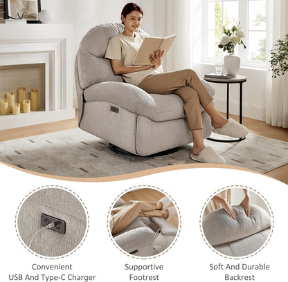 VANOMi Power Recliner Chair with USB & Type-C Charging, 270° Swivel Glider Rocker, Electric Nursery Recliner for Living Room, Bedroom, and Office, White