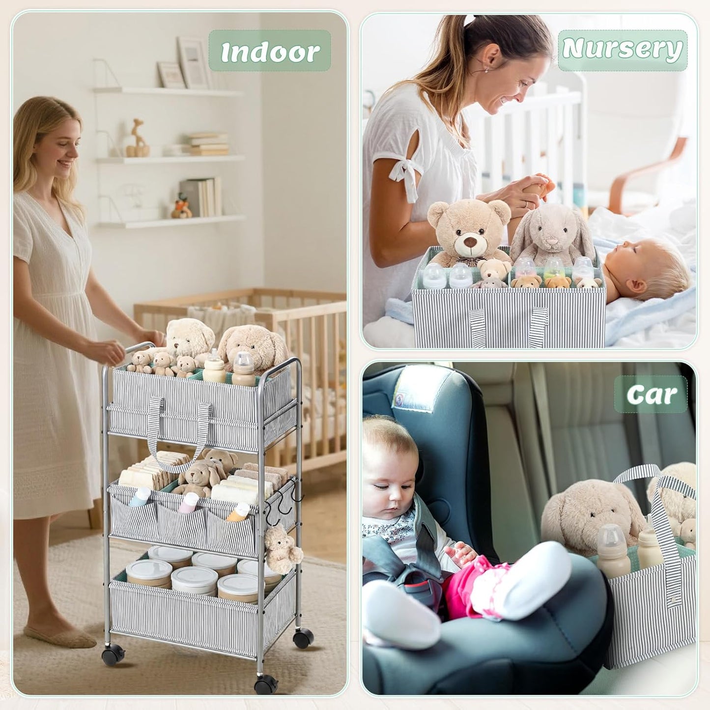WILLBOND 2in1 Baby Diaper Caddy Organizer Cart, 3 Tier Large Capacity Metal Utility Bedside Rolling Cart with Divider for Newborn Registry Nursery Essential Must Have Gift Baby Shower Bedroom(Pink)