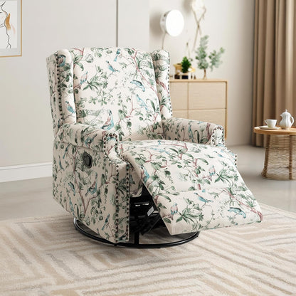Swivel Rocker Recliner Chair, Manual Nursery Glider Recliner, Floral Fabric Wingback Accent Chair with Adjustable Backrest & Footrest for Small Spaces Living Room Bedroom (Plants Floral, Set of 1)