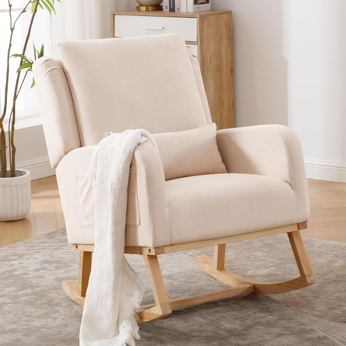 HCHAIRH Rocking Chair Nursery, Sherpa Nursing Rocking Chairs, Upholstered Nursery Glider Rocker for Mom Nursery Morden Accent Rocking Chair Pillow for Living Room,Bedroom,Teddy Light Grey