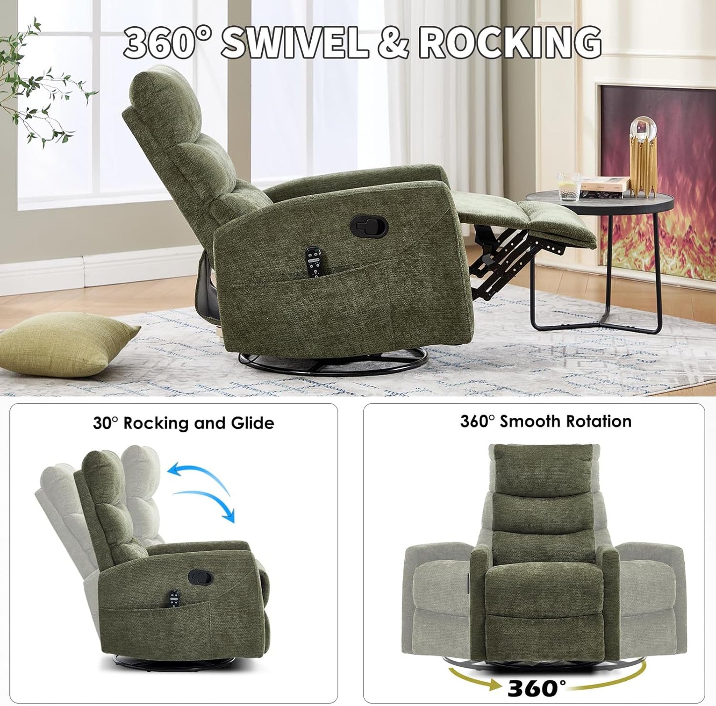 Trustyue Swivel Rocker Recliner Chair, 360° Swivel Recliner with Heat and Massage, Rocker Recliner Nursery Glider Chair with Side Pockets for Living Room (Beige, Fabric)