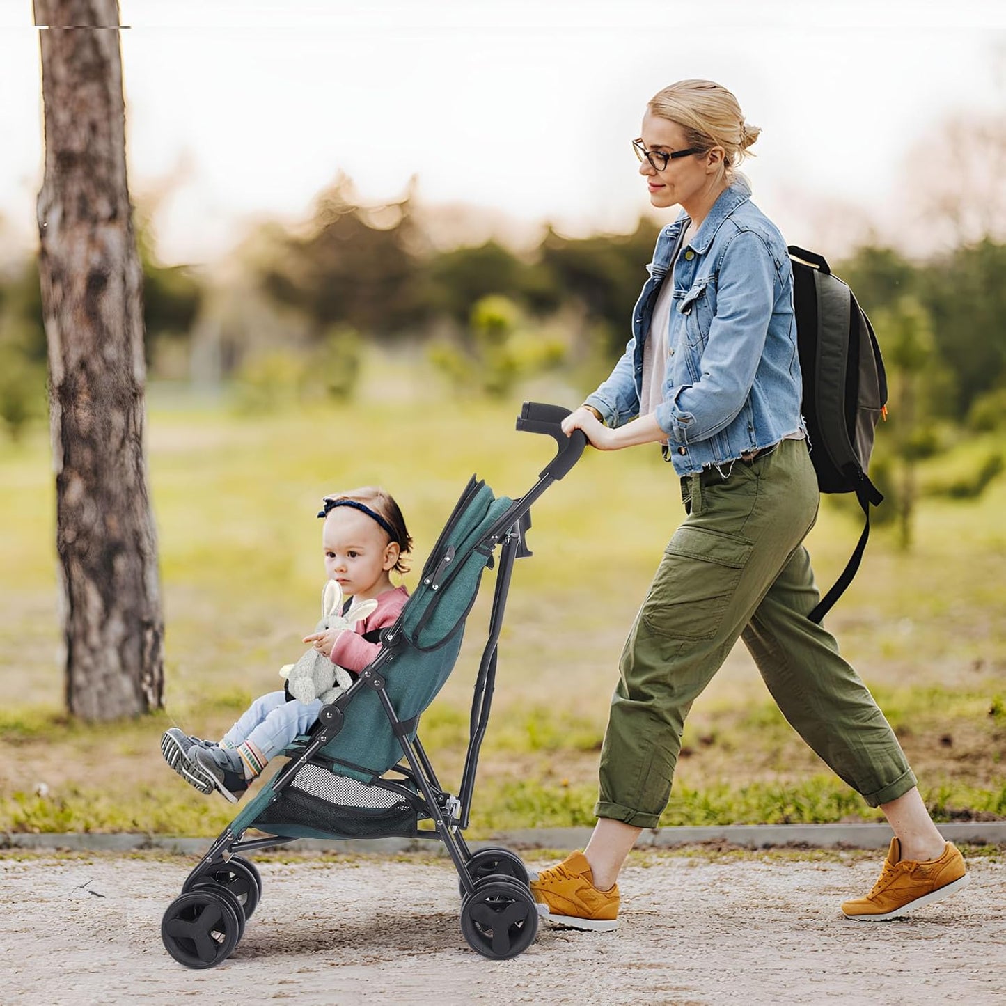 One-Handed Folding Lightweight Stroller, Large Storage Basket, Canopy, Cup Holder, Compact Umbrella Stroller Durable Frame, 3-36M Travel Stroller for Airplane Ultra Overhead Friendly (Dark Green)