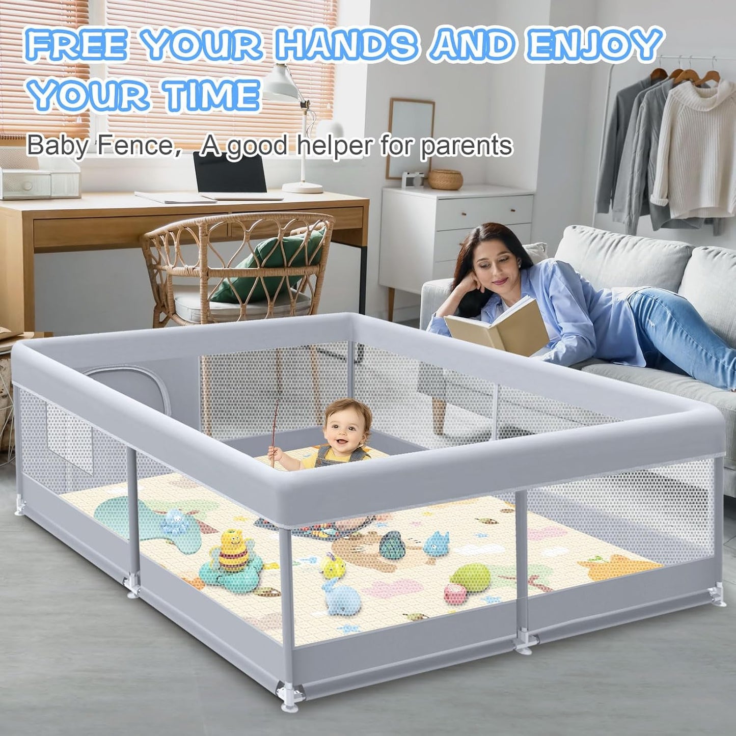 XVISHX Baby Playpen 50 x 50 Inch Play Pen Playards, Playpen for Babies and Toddlers, Baby Playard for Indoor & Outdoor Active Center Game Fence, with Skin-Friendly Fabric and Soft Breathable Mesh Grey