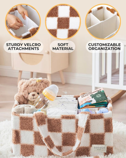 Baby Diaper Caddy Organizer with Portable Changing Mat - Teddy Fleece Diaper Organizer for Changing Table - Basket for Changing Essentials - Baby Essentials Organizer with Removable Dividers
