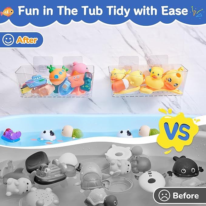 Antimbee Clear Bath Toy Storage, Large Capacity Bath Toy Holder, Quick Dry Bathtub Toy Storage Organizer, No Drill Adhesive Shower Caddy, Bathroom Shower Toy Basket for Baby Toddler Kids, 2 Pack