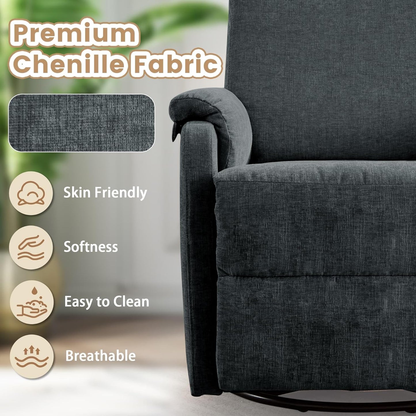 Korser Recliner Chair, Swivel Rocking Recliner Chair for Adults, Glider Rocking Chair, Small Nursery Chair Recliner for Living Room, Reclining Chair with Modern-Designed Armrests, Chenille, Beige
