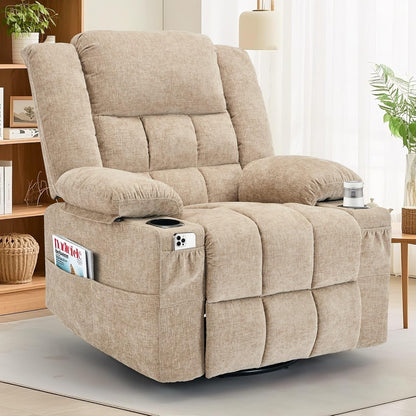 Korser 360° Swivel Rocker Recliner for Adults, Nursery Glider Recliner with Massage and Heating, Rocking Chair with Cup Holder, Manual Recliner Chair for Living Room, Bedroom (Fabric, Beige)