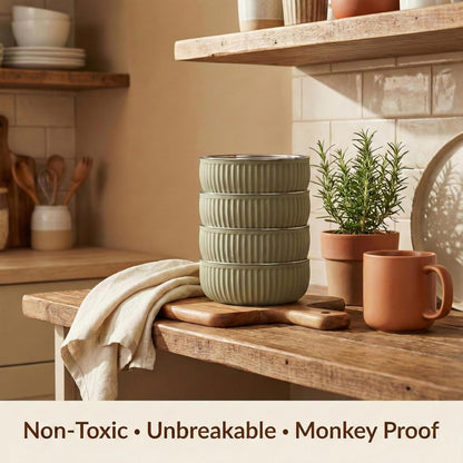 Monkey Proof™ Non-Toxic Stainless Steel Child Bowl 5” with Non-Slip Grooved Silicone Shell, (Set of 4 bowls) Unbreakable, Mess Free Feeding for Babies, Toddlers, Kids, BPA free (Stormy Sky Grooved)