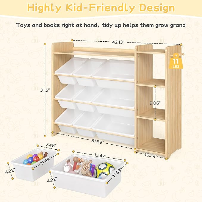 GITAWUSA Kids Toy Storage Organizer, Wooden Shelf with 3 Tiers and 9 Storage Bins, Nursery Room Organizer for Books and Toys, White and Natural Wood