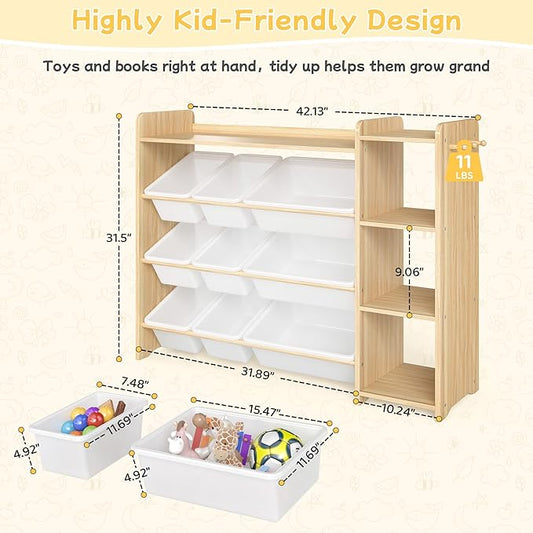 GITAWUSA Kids Toy Storage Organizer, Wooden Shelf with 3 Tiers and 9 Storage Bins, Nursery Room Organizer for Books and Toys, White and Natural Wood