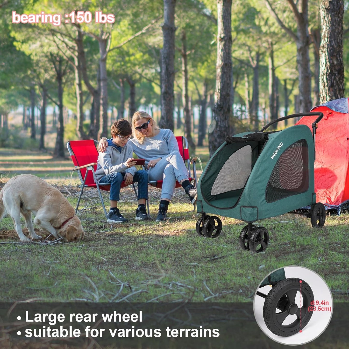 Large Dog Travel Stroller with 4 Heavy Duty Wheels Pet Stroller with Adjustable Handle - Double Doggie Capacity Jogger Wagon with Back Front Door for Small Medium Large Dogs (Dark Light Gray)