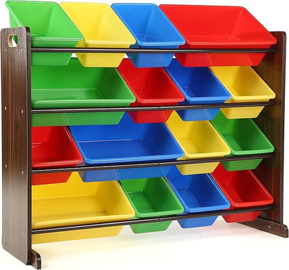 Humble Crew Toy Storage Organizer with 16 Removable Storage Bins for Kids Playroom, 4-Tier Toddler Toy Organization and Storage, Walnut/Primary