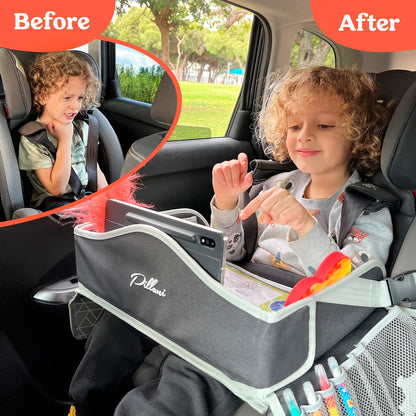 PILLANI Kids Travel Tray for Car Seat - Carseat Tray w/ iPad Holder & Dry Erase Board, Road Trip Activities - Toddler Lap Desk Organizer for Airplane - Roadtrip & Travel Essentials - Pack of 2, Pink