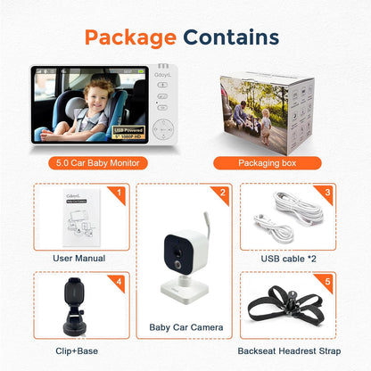 Wireless Baby Car Camera with 5-inch HD 1080P IPS, USB-Powered 360° Rotating Rear Seat Monitor (1000 ft)Auto/Manual Night Vision & VOX Mode, HD Display for Car Backseat Home Baby Pet (White A)